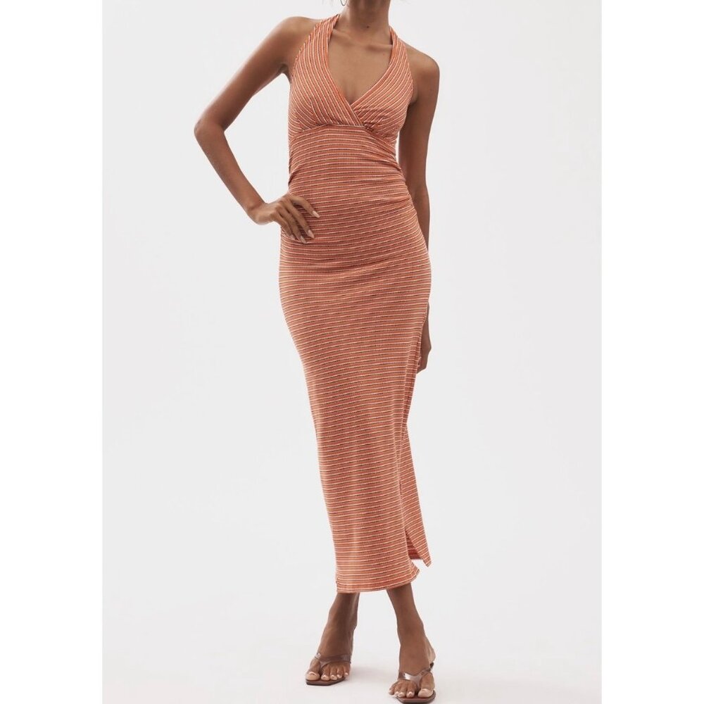 Pilcro Anthropologie High Tide Halter Slim Midi Dress Size XL Orange Stripe